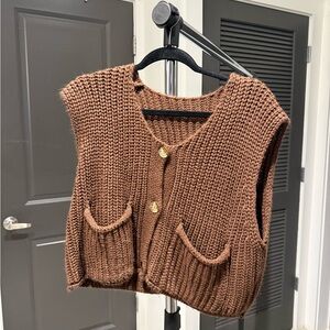 SHEIN Brown Knit Sweater Vest with Pockets